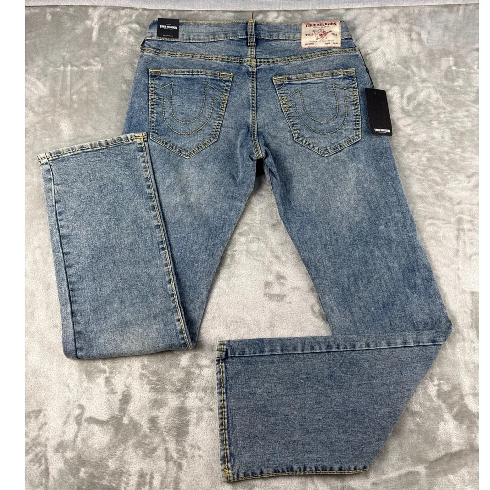 True Religion Jeans Mens 32x34 Ricky Blue Straight Leg Signature Stitch NEW